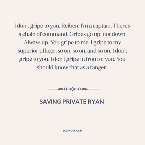 A quote from Saving Private Ryan about chain of command: “I don't gripe to you, Reiben. I'm a captain. There's a…”