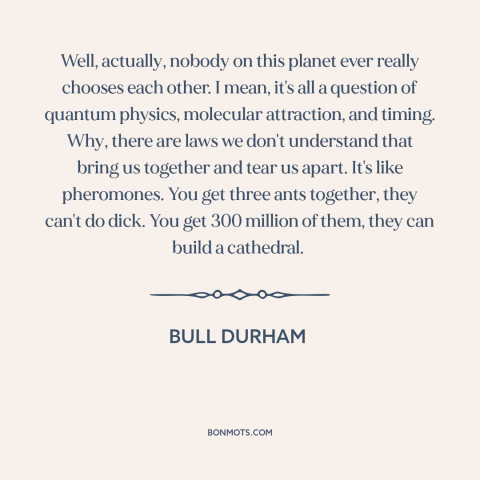 A quote from Bull Durham  about attraction: “Well, actually, nobody on this planet ever really chooses each other. I…”