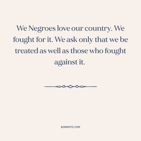 A quote by Frederick Douglass about racial equality: “We Negroes love our country. We fought for it. We ask only that we…”