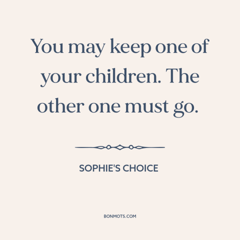 A quote from Sophie's Choice about mothers and children: “You may keep one of your children. The other one must go.”