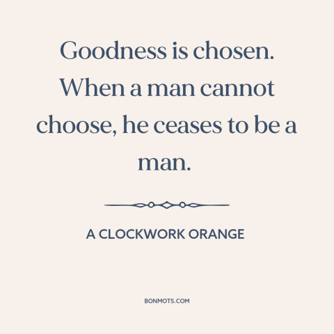 A quote from A Clockwork Orange about free will: “Goodness is chosen. When a man cannot choose, he ceases to be a man.”