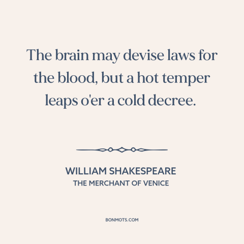 A quote by William Shakespeare about temper: “The brain may devise laws for the blood, but a hot temper leaps o'er…”