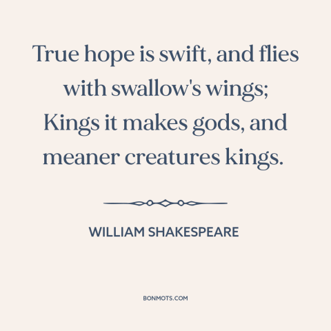 A quote by William Shakespeare about hope: “True hope is swift, and flies with swallow's wings; Kings it makes gods, and…”