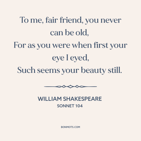 A quote by William Shakespeare about beauty and aging: “To me, fair friend, you never can be old, For as you were…”