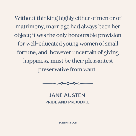 A quote by Jane Austen about marriage: “Without thinking highly either of men or of matrimony, marriage had always been her…”