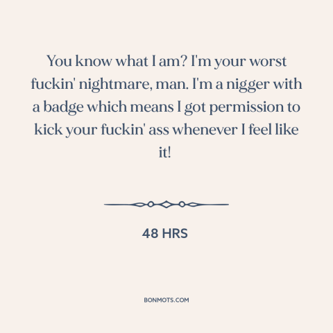A quote from 48 Hrs about police: “You know what I am? I'm your worst fuckin' nightmare, man. I'm a nigger with…”