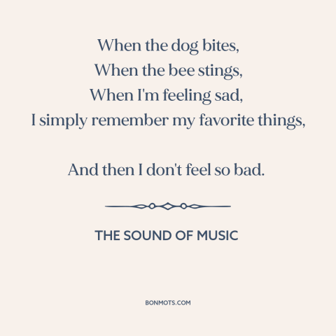 A quote from The Sound of Music about the bright side: “When the dog bites, When the bee stings, When I'm feeling sad, I…”