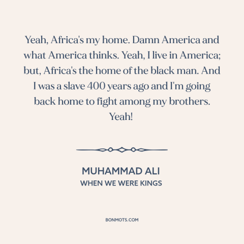 A quote from When We Were Kings about race relations: “Yeah, Africa's my home. Damn America and what America thinks. Yeah…”