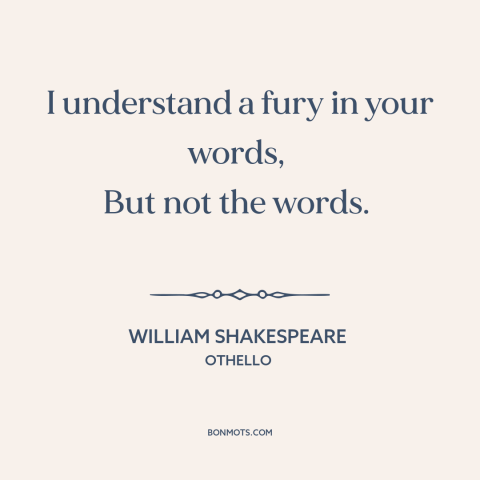 A quote by William Shakespeare about anger: “I understand a fury in your words, But not the words.”