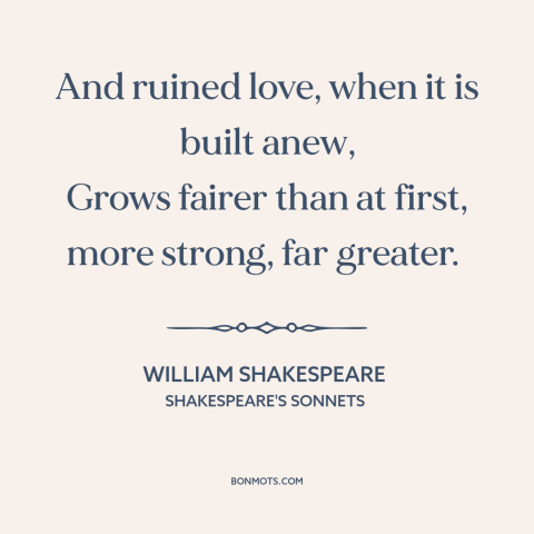 A quote by William Shakespeare about relationship challenges: “And ruined love, when it is built anew, Grows fairer than…”