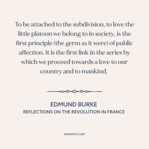 A quote by Edmund Burke about political theory: “To be attached to the subdivision, to love the little platoon we belong to…”