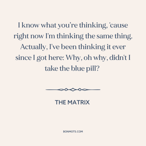 A quote from The Matrix about ignorance is bliss: “I know what you’re thinking, 'cause right now I'm thinking…”