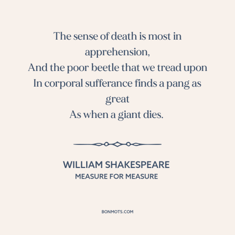 A quote by William Shakespeare about fear of death: “The sense of death is most in apprehension, And the poor beetle that…”