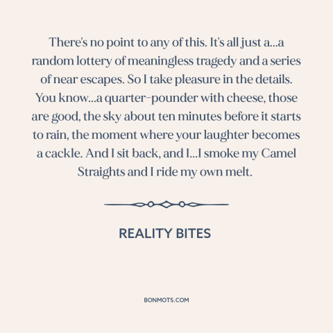 A quote from Reality Bites about meaninglessness: “There's no point to any of this. It's all just a...a random lottery of…”