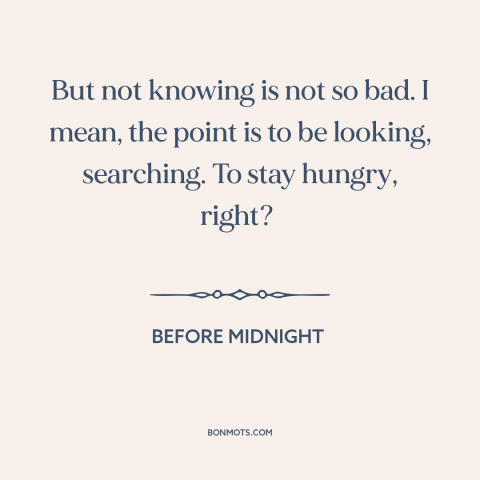 A quote from Before Midnight about uncertainty: “But not knowing is not so bad. I mean, the point is to be looking…”