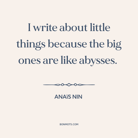 A quote by Anaïs Nin about the little things: “I write about little things because the big ones are like abysses.”