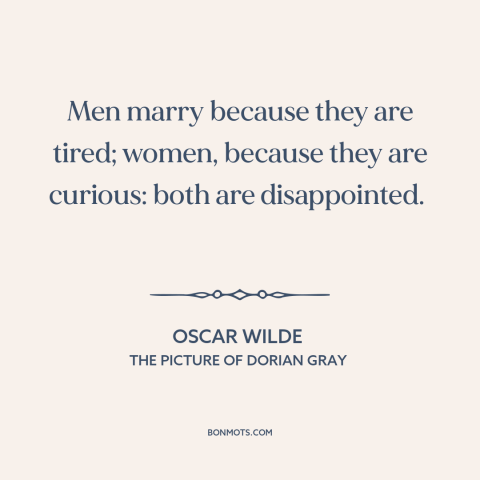 A quote by Oscar Wilde about marriage: “Men marry because they are tired; women, because they are curious: both…”