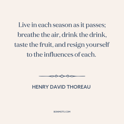 A quote by Henry David Thoreau about seasons: “Live in each season as it passes; breathe the air, drink the drink, taste…”