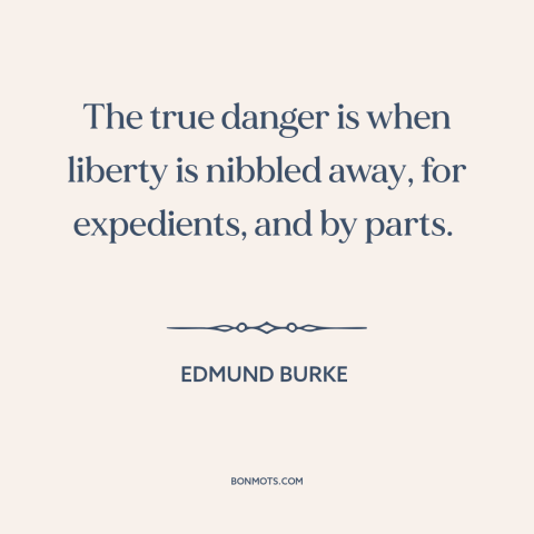 A quote by Edmund Burke about threats to freedom: “The true danger is when liberty is nibbled away, for expedients, and…”