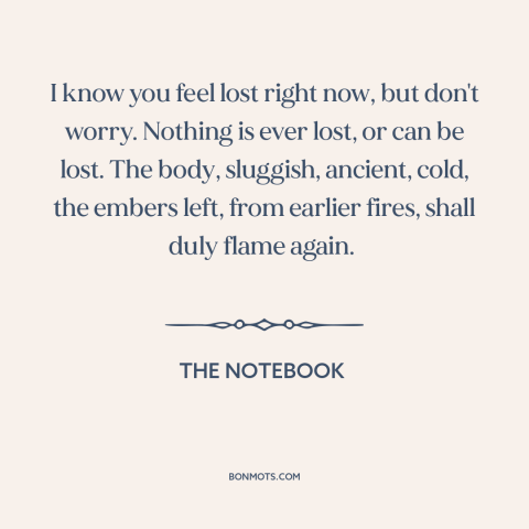 A quote from The Notebook about feeling lost: “I know you feel lost right now, but don't worry. Nothing is ever lost…”