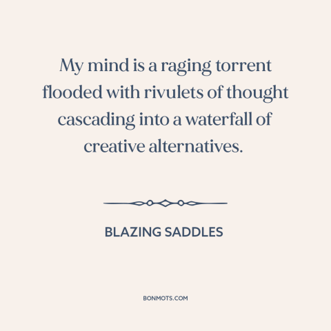 A quote from Blazing Saddles about thoughts: “My mind is a raging torrent flooded with rivulets of thought cascading into a…”