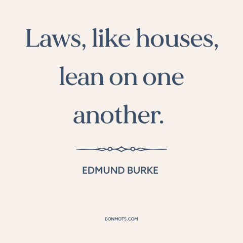 A quote by Edmund Burke about law: “Laws, like houses, lean on one another.”