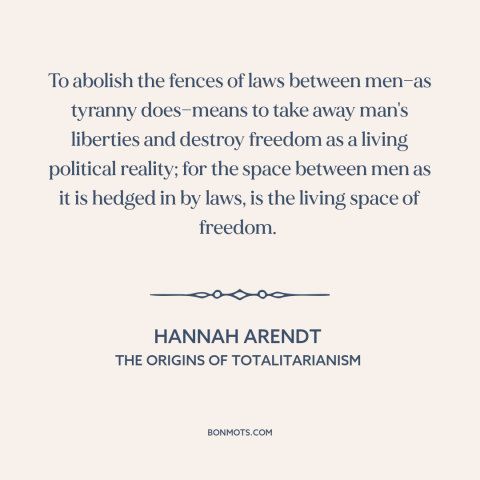 A quote by Hannah Arendt about rule of law: “To abolish the fences of laws between men—as tyranny does—means to take away…”