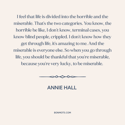 A quote from Annie Hall about the human condition: “I feel that life is divided into the horrible and the miserable.”