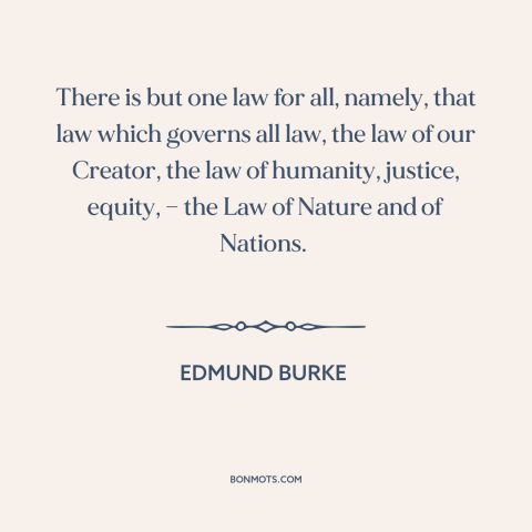 A quote by Edmund Burke about natural law: “There is but one law for all, namely, that law which governs all law…”