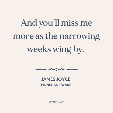 A quote by James Joyce about missing someone: “And you’ll miss me more as the narrowing weeks wing by.”