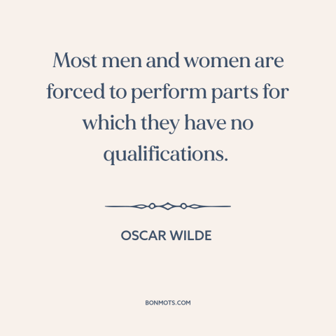 A quote by Oscar Wilde about men and women: “Most men and women are forced to perform parts for which they have no…”