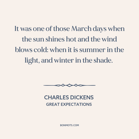 A quote by Charles Dickens about march: “It was one of those March days when the sun shines hot and the wind blows cold:…”