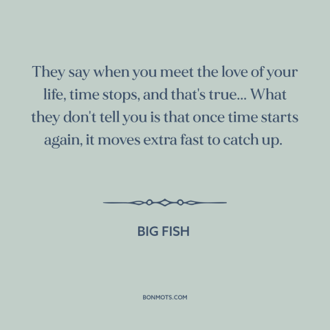 A quote from Big Fish about falling in love: “They say when you meet the love of your life, time stops, and that's…”