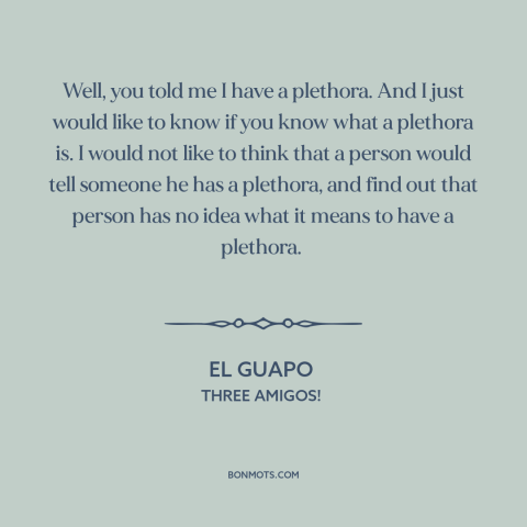 A quote from Three Amigos! about meaning of words: “Well, you told me I have a plethora. And I just would like to…”