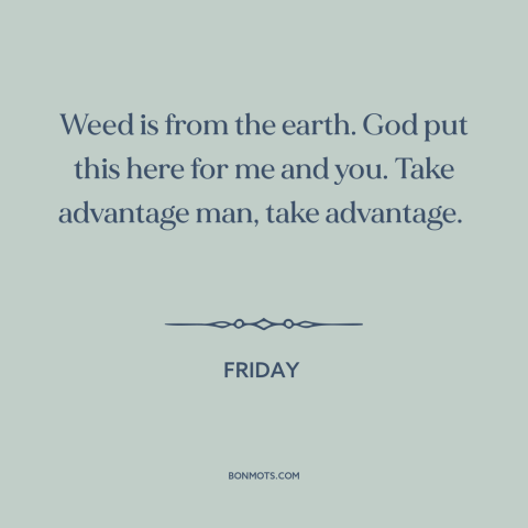 A quote from Friday  about marijuana: “Weed is from the earth. God put this here for me and you. Take advantage man, take…”