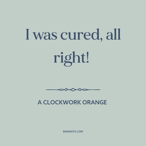 A quote from A Clockwork Orange about rehabilitation: “I was cured, all right!”