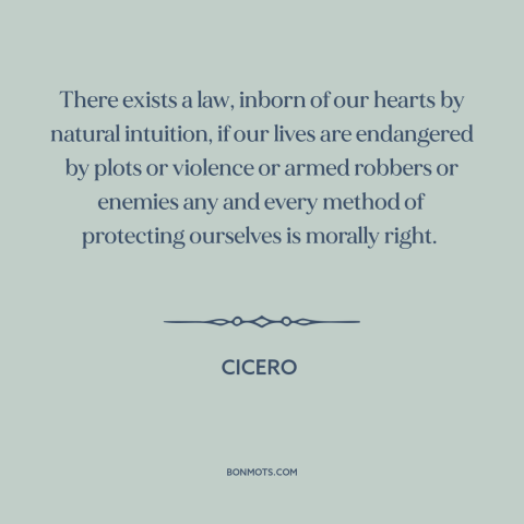 A quote by Cicero about self-defense: “There exists a law, inborn of our hearts by natural intuition, if our lives…”