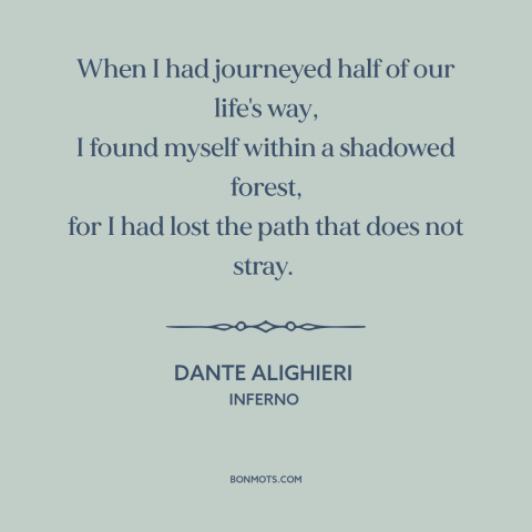 A quote by Dante Alighieri: “When I had journeyed half of our life's way, I found myself within a shadowed forest…”