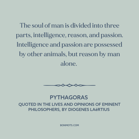 A quote by Pythagoras about man and animals: “The soul of man is divided into three parts, intelligence, reason, and…”