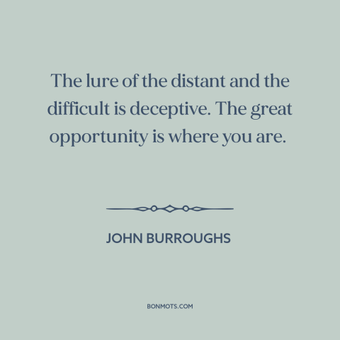 A quote by John Burroughs about grass is always greener: “The lure of the distant and the difficult is deceptive.”