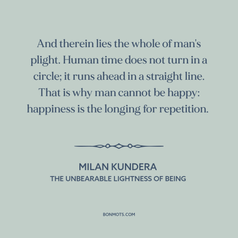 A quote by Milan Kundera about time: “And therein lies the whole of man's plight. Human time does not turn in…”
