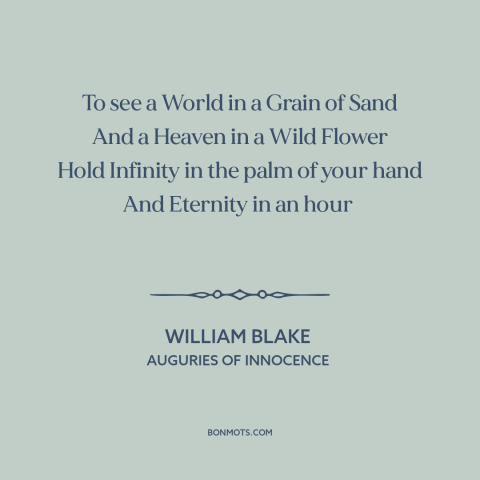 A quote by William Blake about interconnectedness of all things: “To see a World in a Grain of Sand And a Heaven in a…”