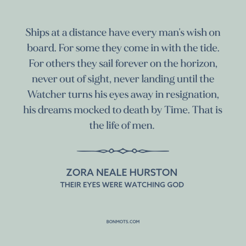 A quote by Zora Neale Hurston about dreams: “Ships at a distance have every man's wish on board. For some they come…”