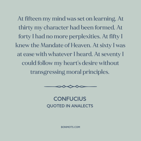 A quote by Confucius about stages of life: “At fifteen my mind was set on learning. At thirty my character had been…”