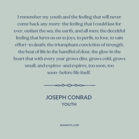 A quote by Joseph Conrad about youth: “I remember my youth and the feeling that will never come back any more—the…”