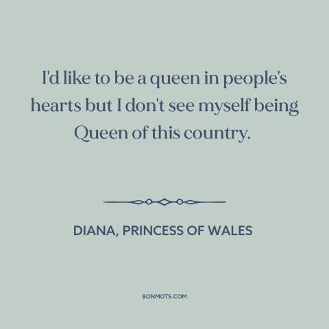 A quote by Diana, Princess of Wales about england: “I'd like to be a queen in people's hearts but I don't see myself…”