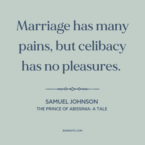 A quote by Samuel Johnson about challenges of marriage: “Marriage has many pains, but celibacy has no pleasures.”