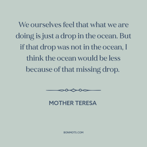 A quote by Mother Teresa about starting small: “We ourselves feel that what we are doing is just a drop in the…”