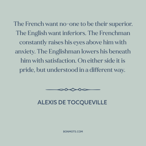 A quote by Alexis de Tocqueville about england and france: “The French want no-one to be their superior. The…”