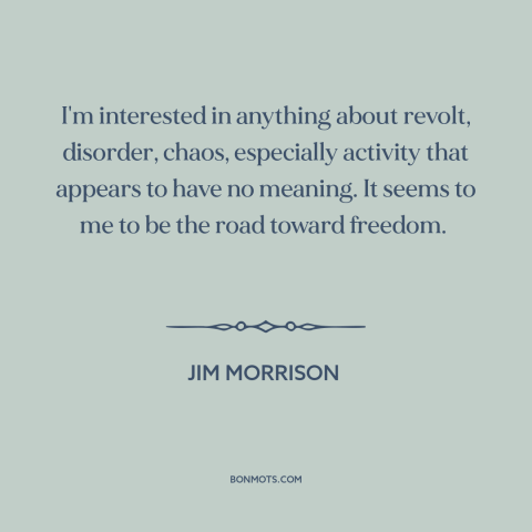 A quote by Jim Morrison about nihilism: “I'm interested in anything about revolt, disorder, chaos, especially activity…”